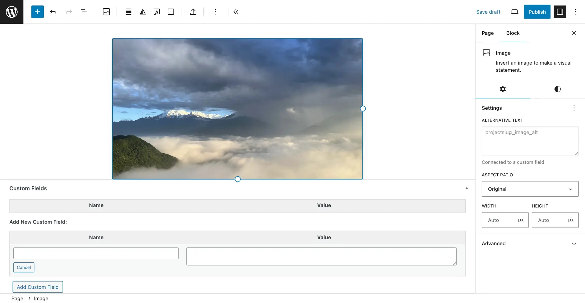 WordPress post editor that displays an image of a stormy sky over mountains. At the bottom of the editor is a Custom Fields panel, but it is empty of any values.