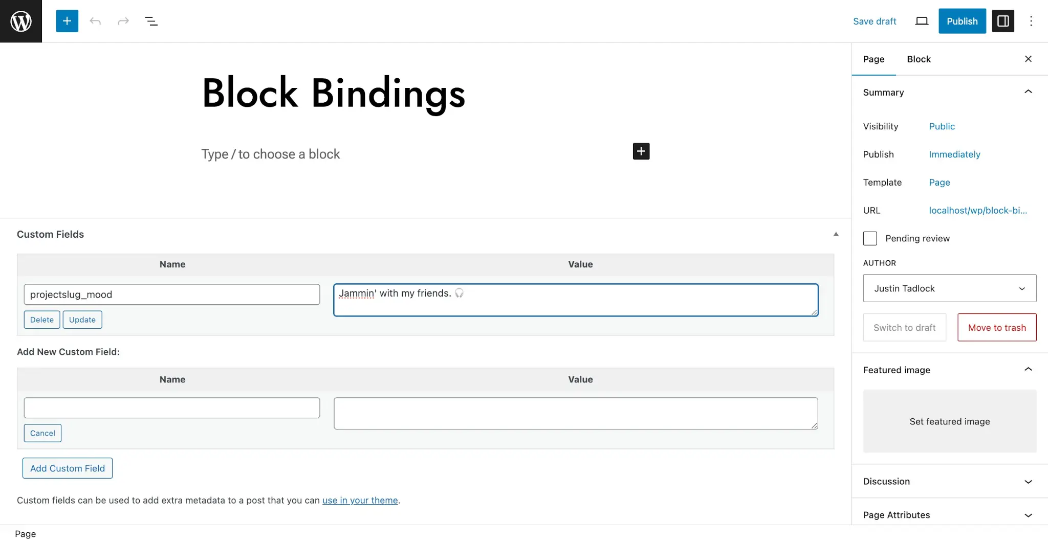 WordPress post editor with an empty content area. The Custom Fields panel has a key set with the name of "projectslug_mood".