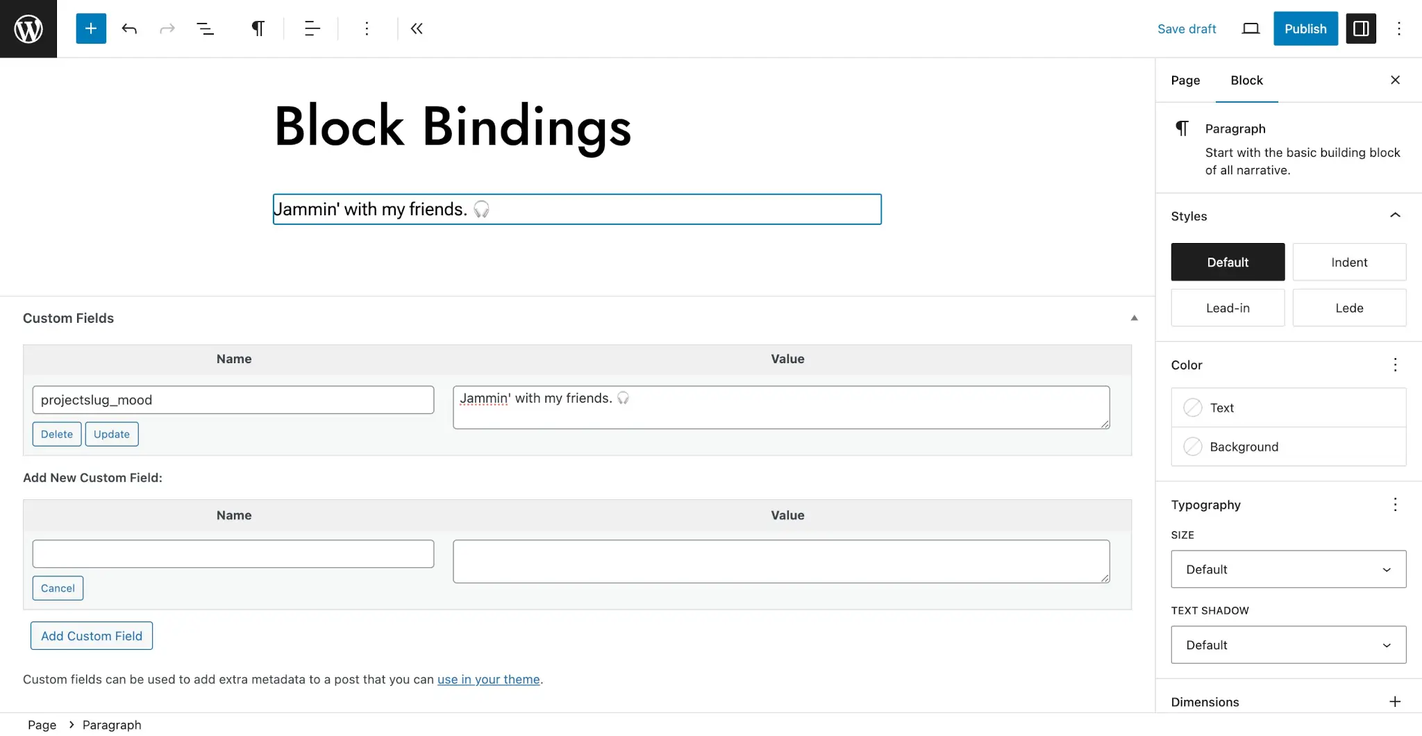 WordPress post editor with a paragraph that reads: "Jammin' with my friends."