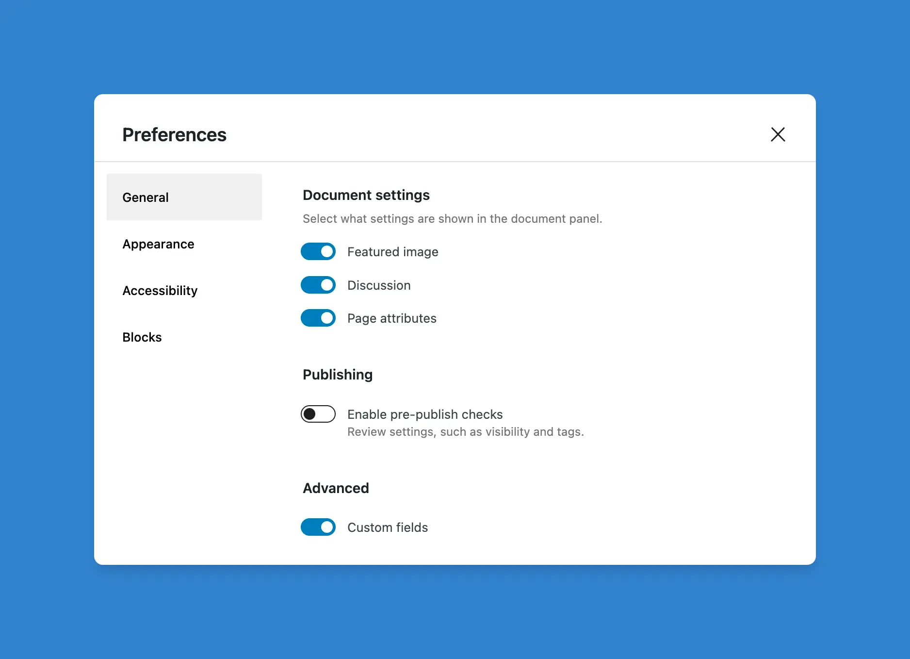 A panel titled "Preferences" with multiple tabs. The "General" tab is currently open, and the "Custom Fields" option is ticked on.