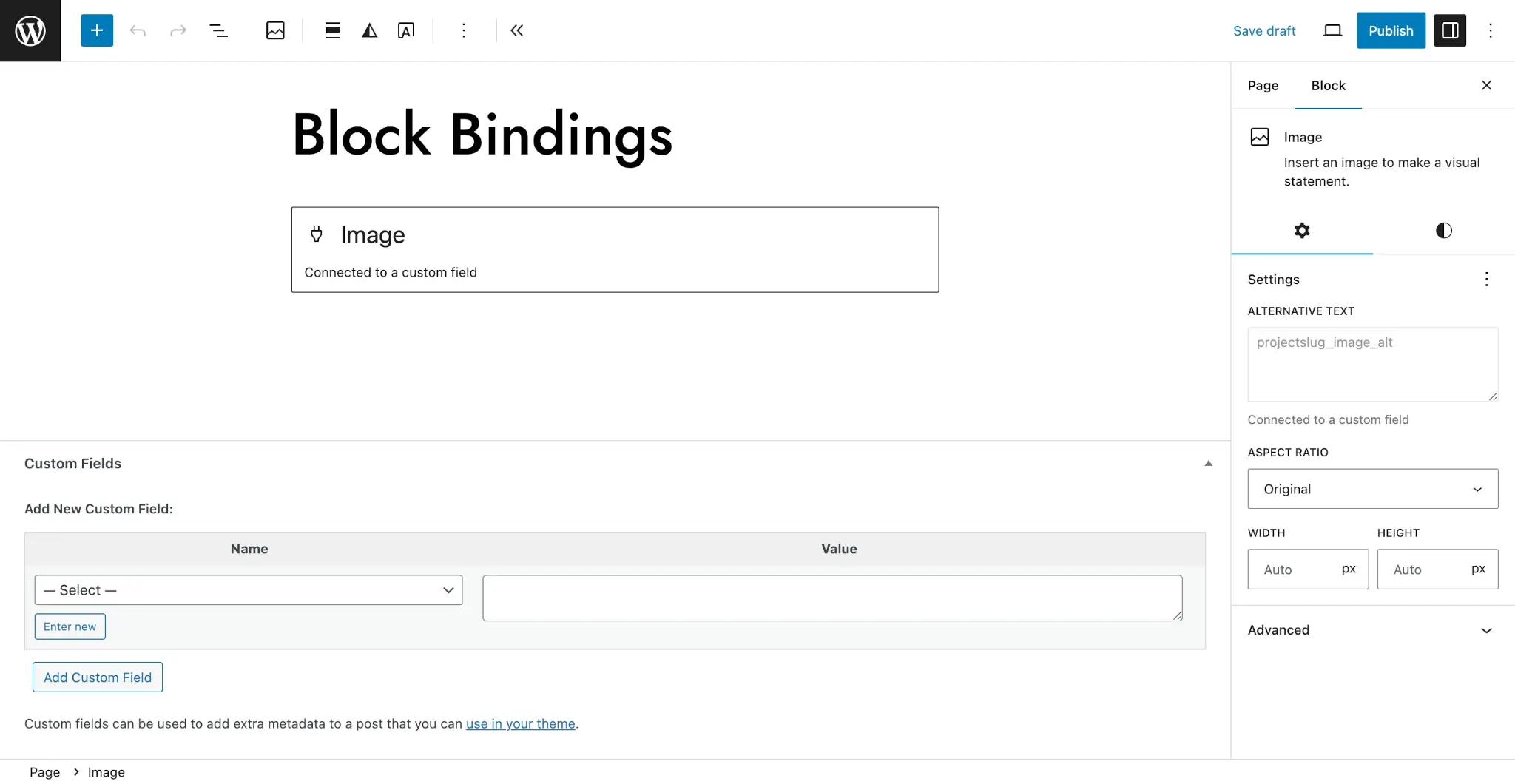 WordPress post editor with a single Image block in the content area. It shows a message that reads: "Image: Connected to a custom field."