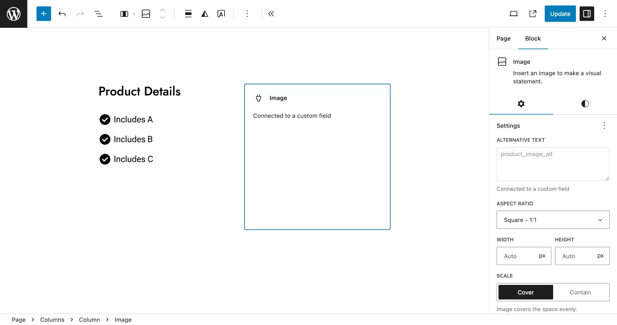 WordPress post editor with a two-column demo product in the content. The image on the right side reads: "Connected to a custom field."
