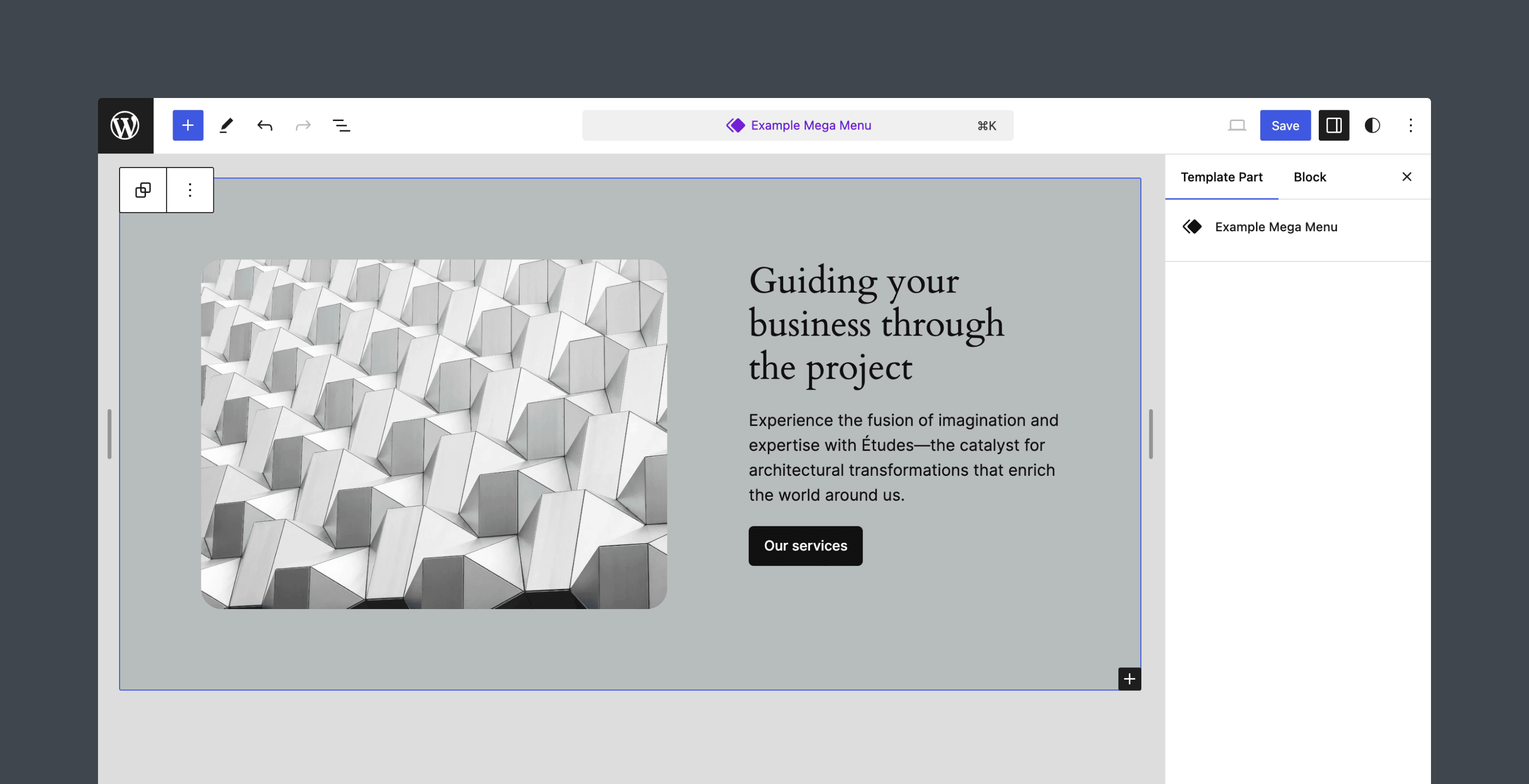 A sample mega menu template featuring a pattern from the Twenty Twenty-Four theme.