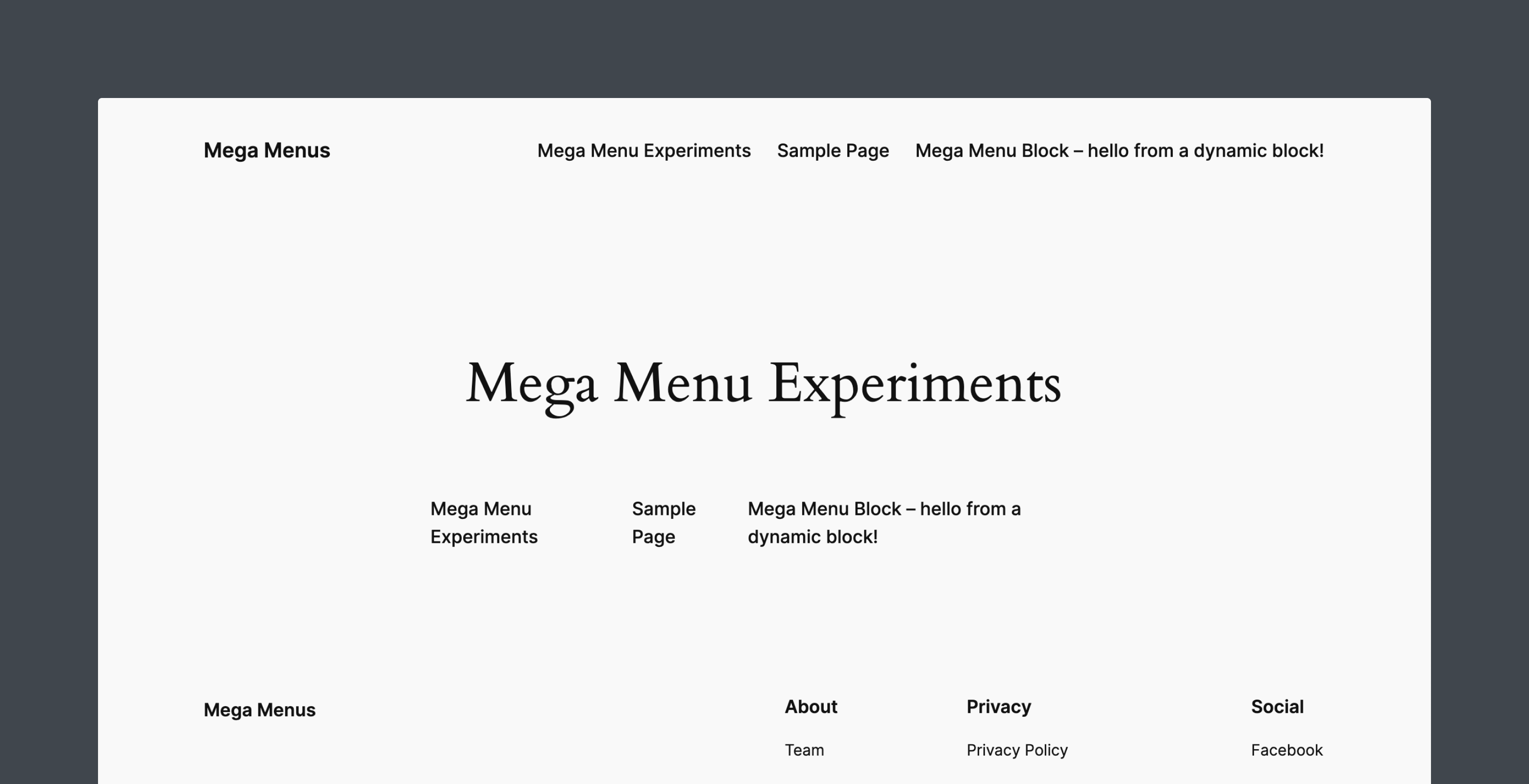 The initial state of the front end with the Menu Menu block displayed in the Navigation block.