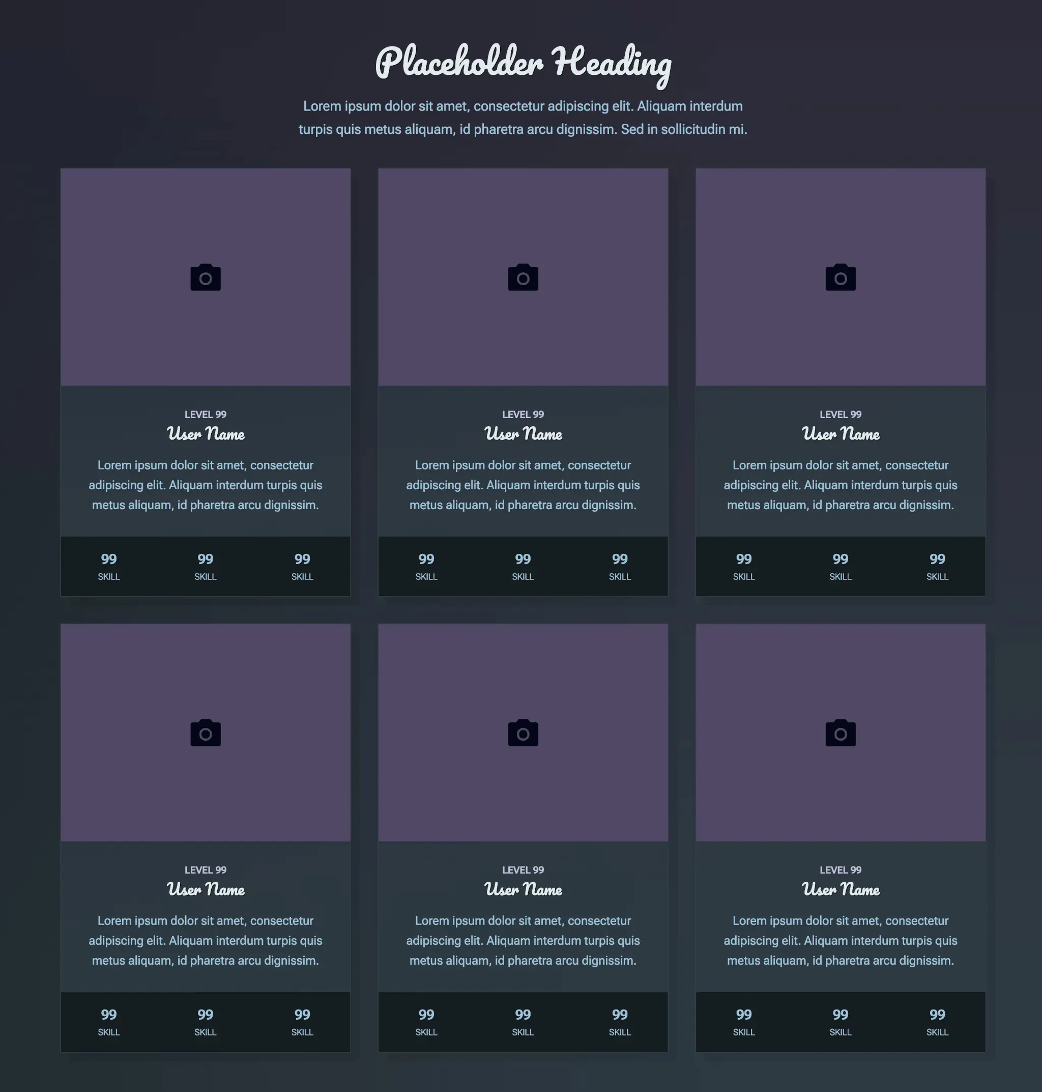 Dark blue and purple color scheme screenshot of a demo layout featuring two rows of three cards showing user profiles.