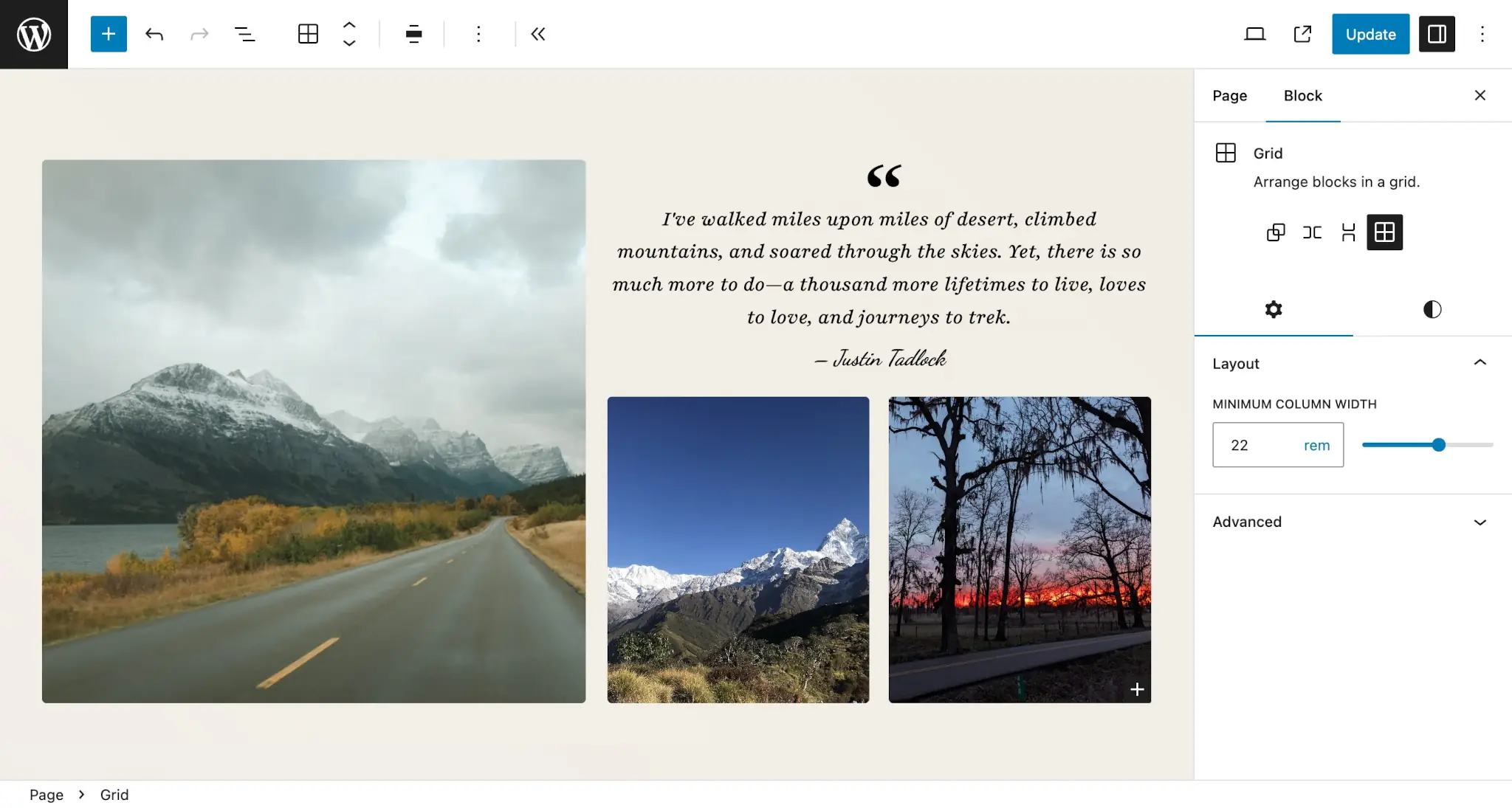 A nested two-column grid. On the left, an image of mountains appear. On the right, there is a quote, followed by a gallery of images of nature.