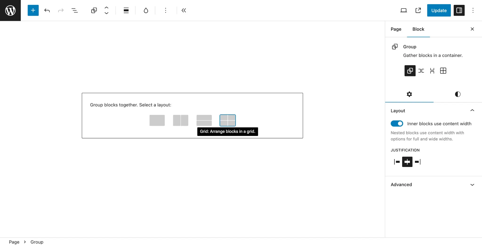 WordPress block editor with a new Group block in the content canvas. There is a notice to select a layout for the user.