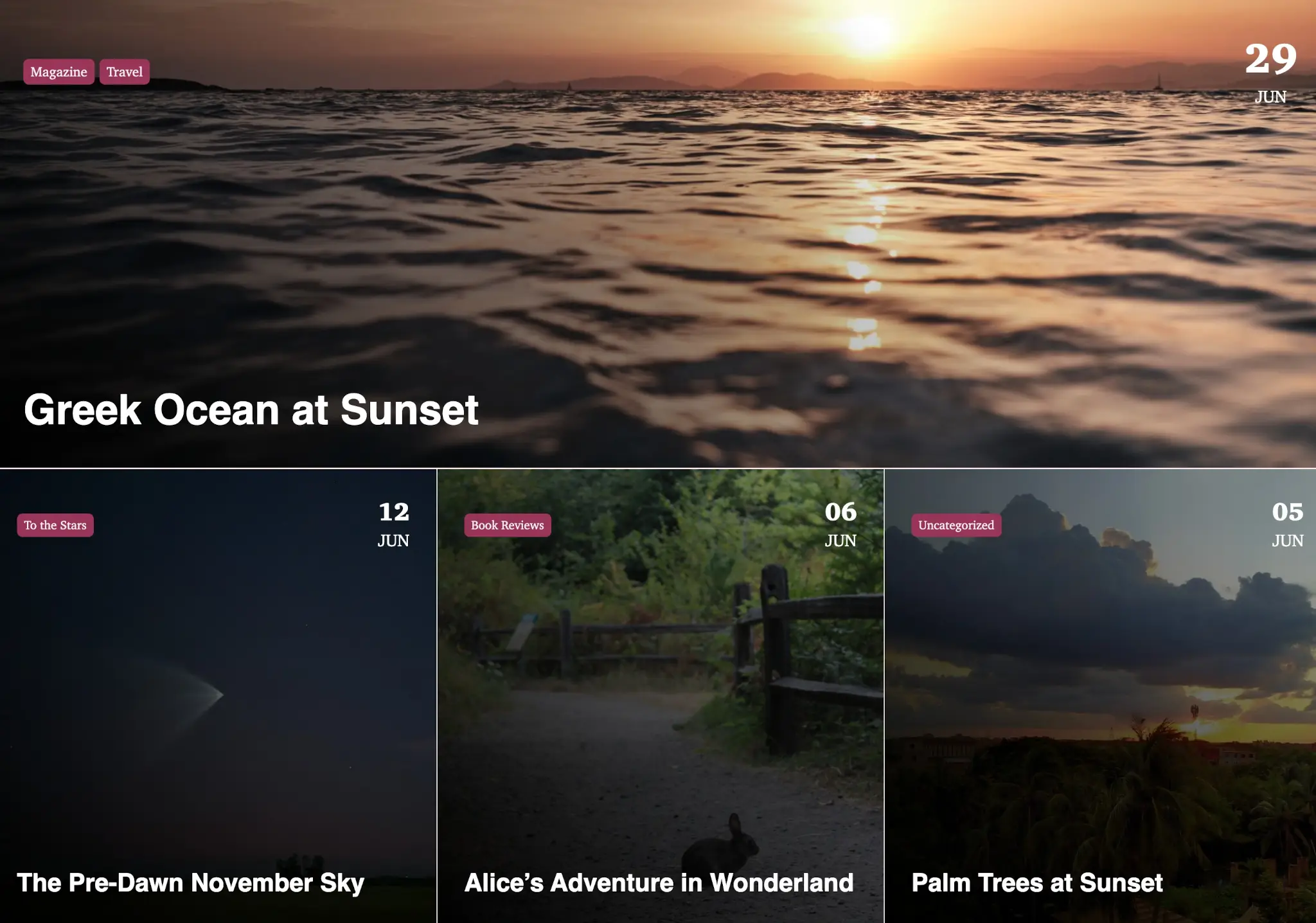 A screenshot of a three-column grid of posts with background image. Stretching across the top is a single post that spans across the columns.