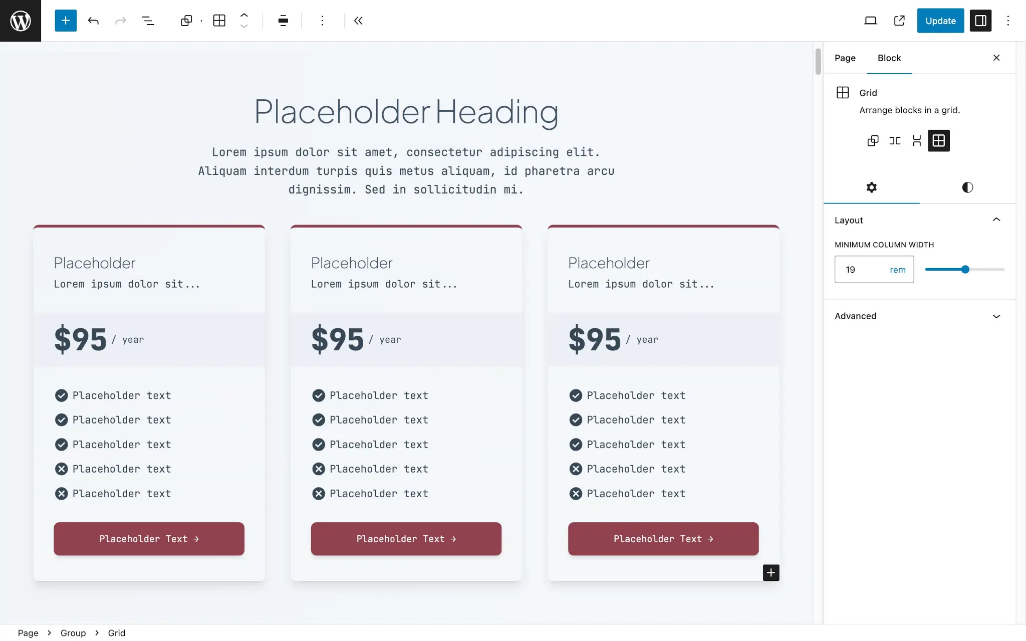 WordPress block editor showing a grid of three cards in the content canvas. Each card shows info and a price to purchase an example product.