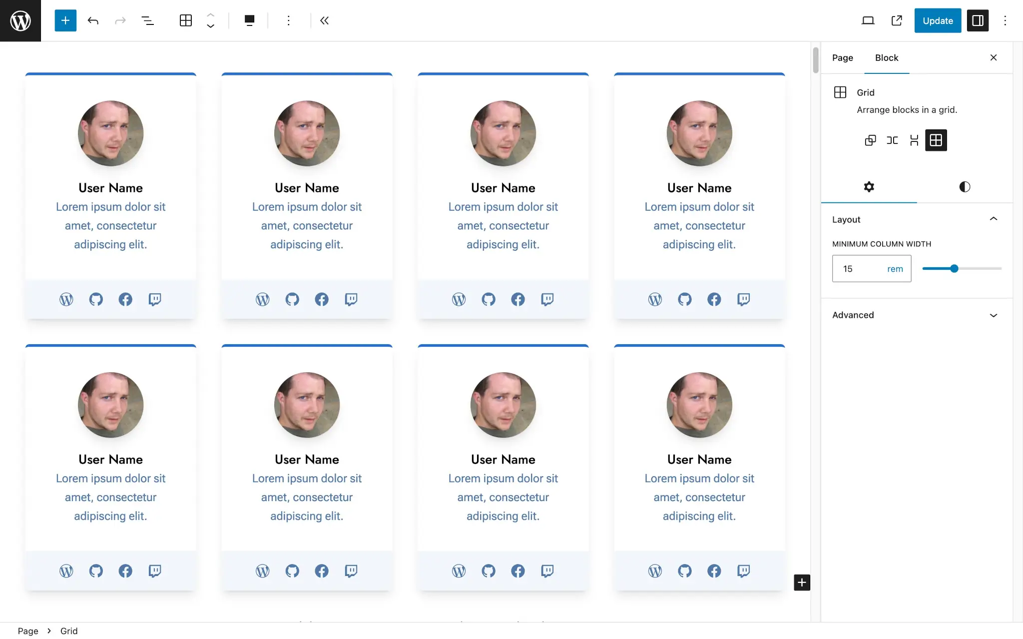 A four-column grid of user profile cards, showing their avatars, bio, and social links in the block editor.