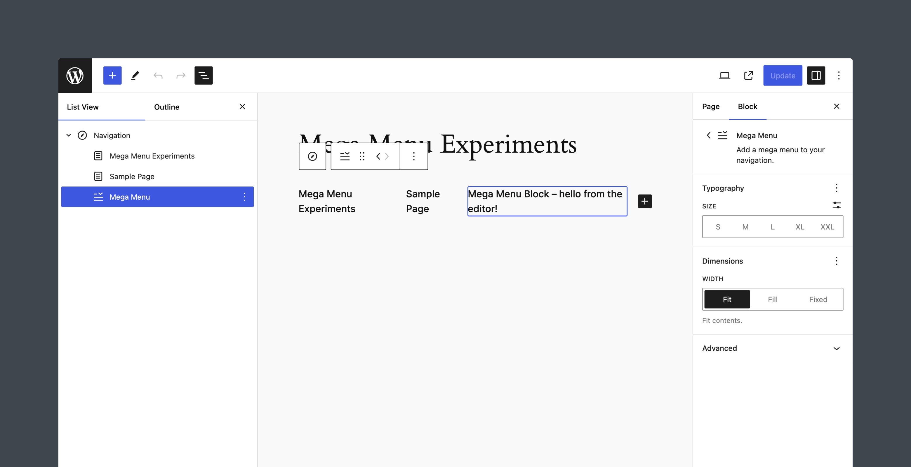 The Mega Menu block in the Editor after the cleanup process.