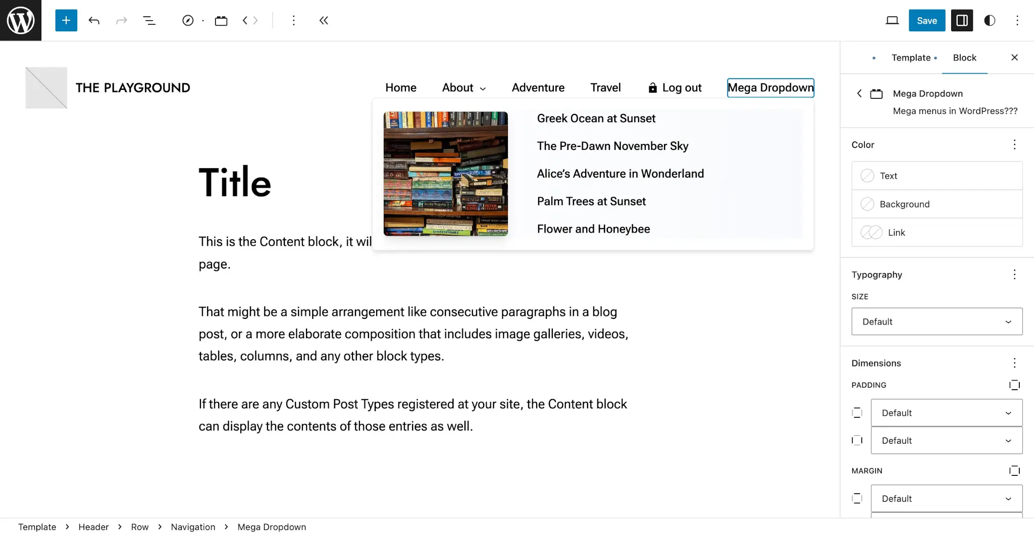 WordPress site editor showing a nav menu with a dropdown that has an image and posts list.