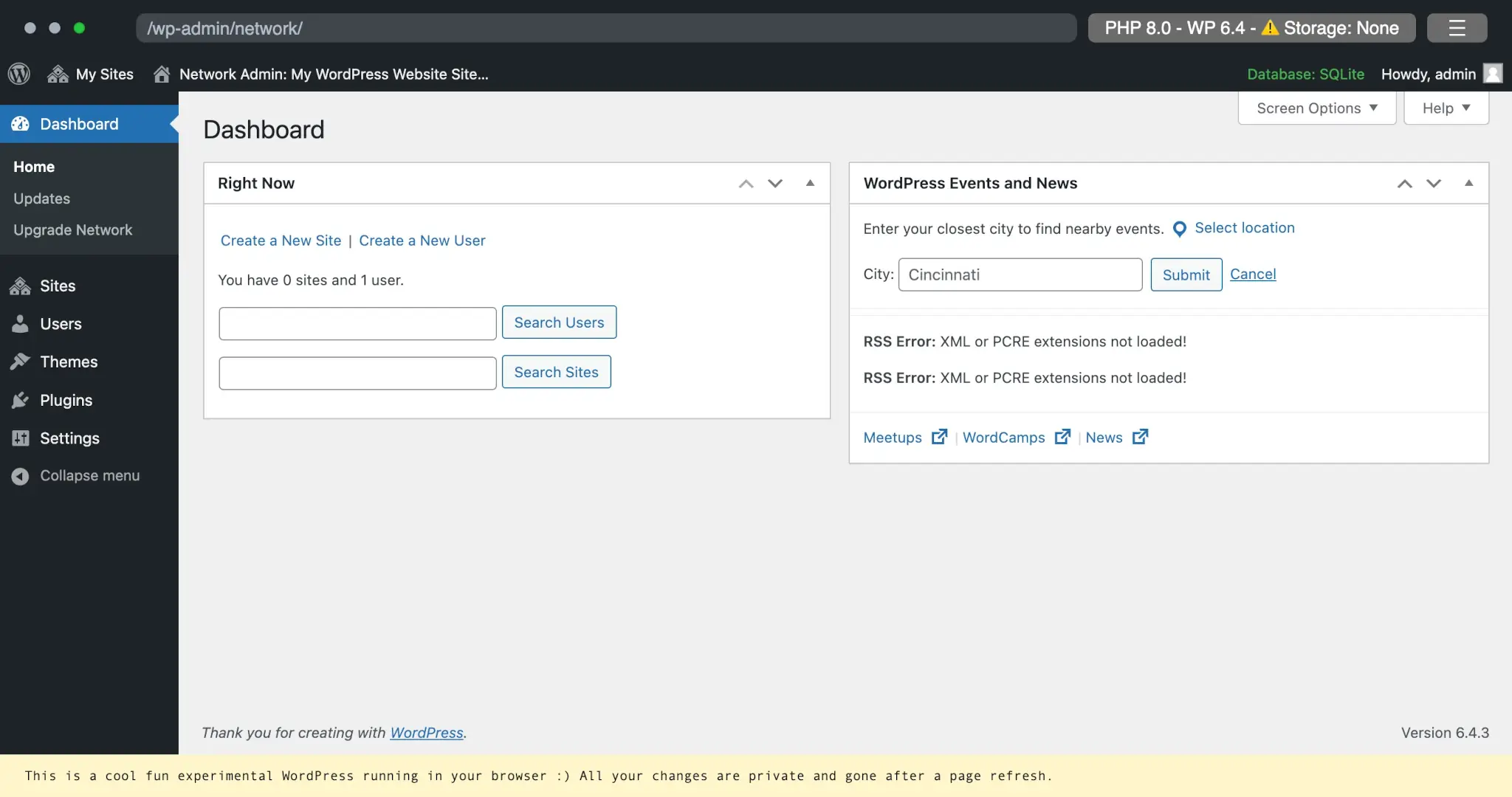 WordPress Playground demo showing the Network admin dashboard screen.