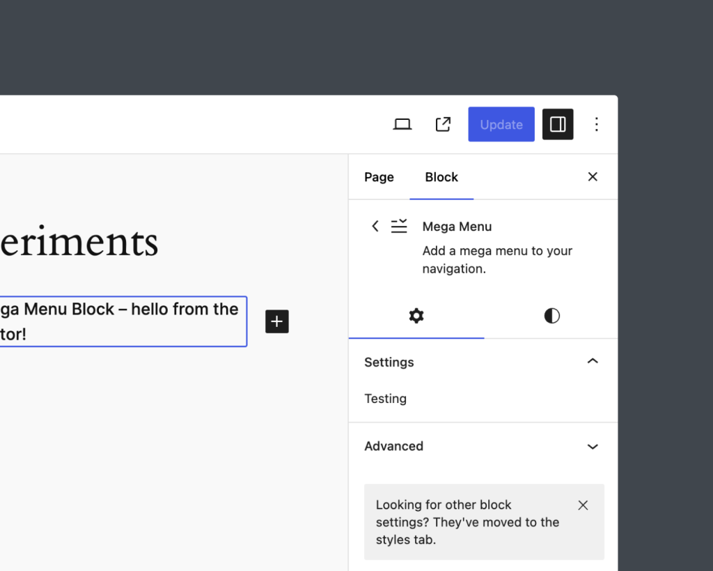 The initial state of the Settings panel for the block.