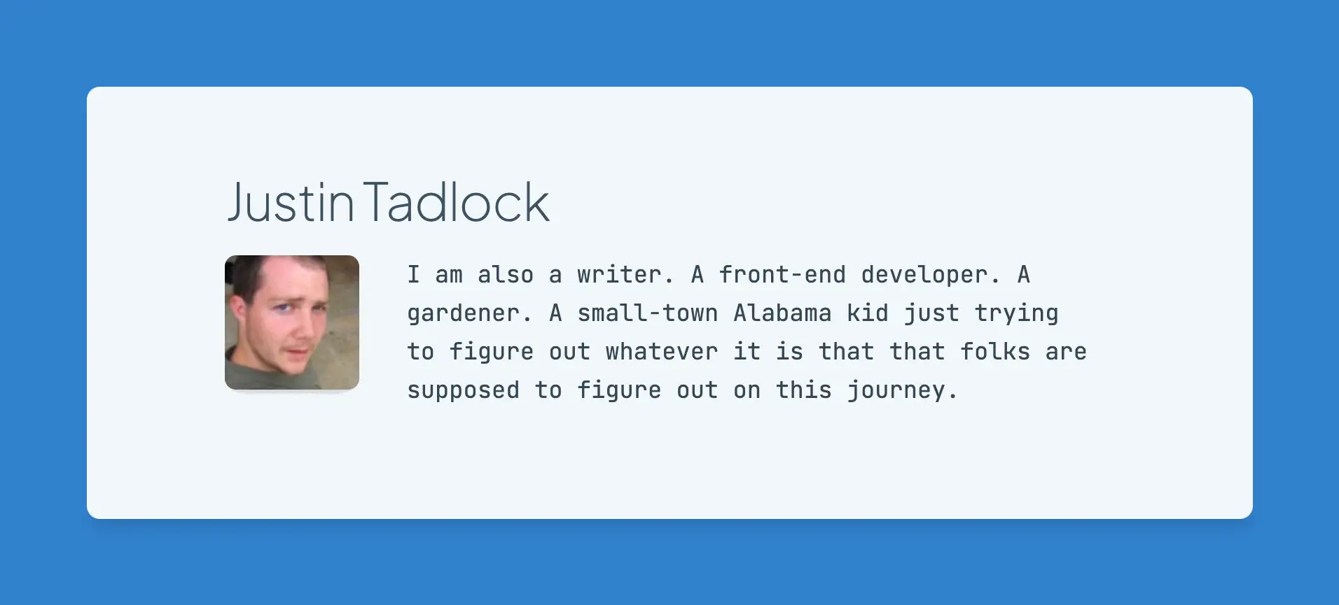 Screenshot of a box with a user name above a user avatar and biographical description.