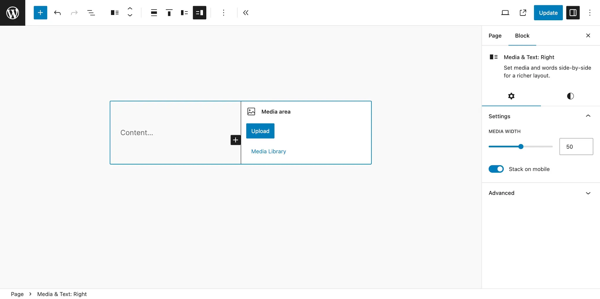 WordPress post editor with a single Media & Text block in the content area. The media upload field is aligned to the right and the content on the left.
