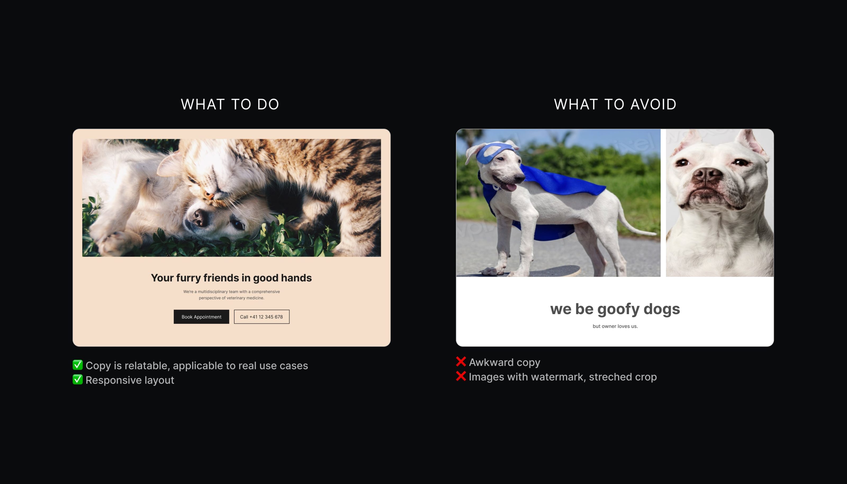 Two “pet inspired” patterns, the one on the left has relatable copy, applicable to real use cases and a responsive layout. The one on the right has awkward copy and streched images with watermark.