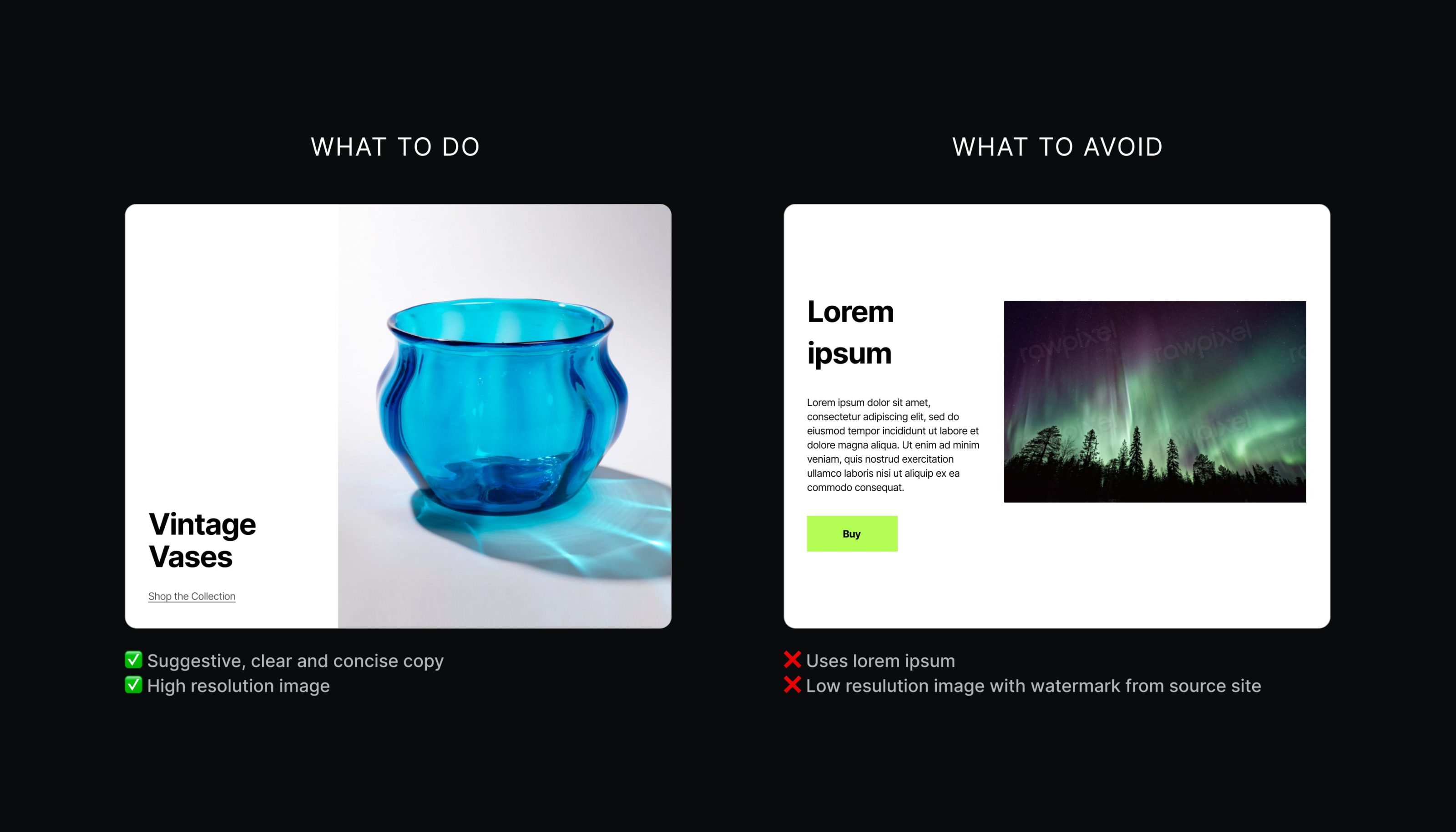 Two “media and text” patterns, the one on the left has a full height image on the right with a blue vase, Heading: “Vintage Vases”, Paragraph with link: Shop the collection”. The one on the right uses lorem ipsum and a low resulution image with watermark from the source site.