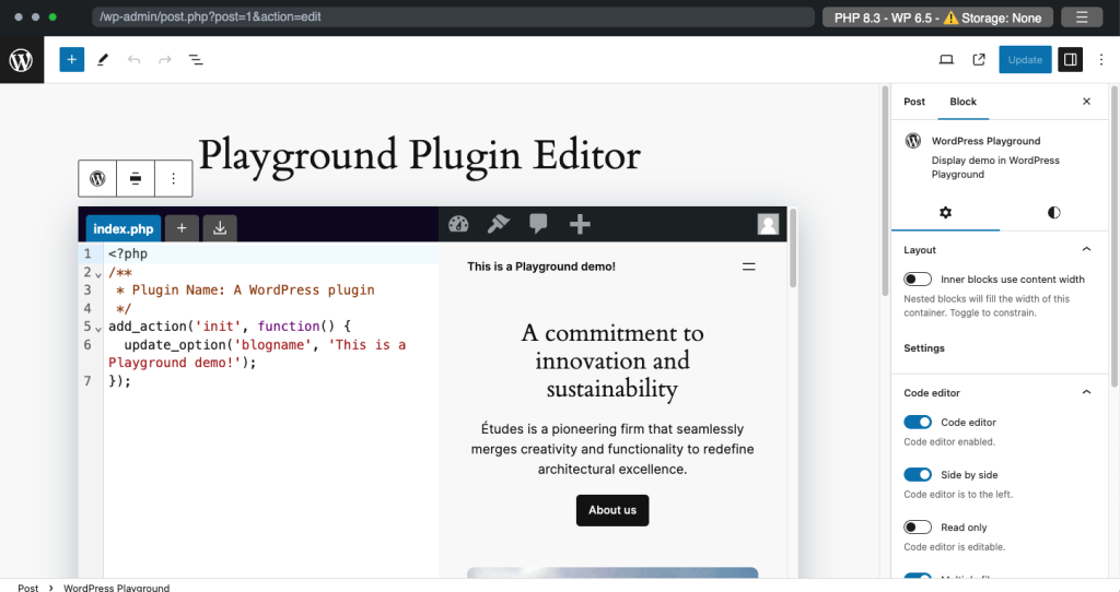 Screenshot of the Playground Code editor loaded inside a post using the Playground Block plugin
