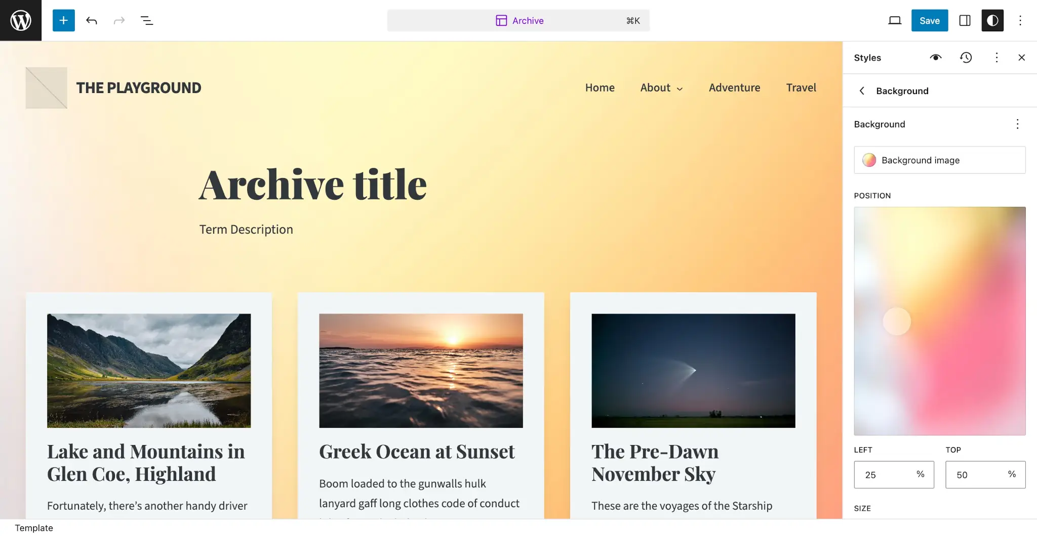 WordPress Site Editor that shows a yellow to red gradient background. In the Sidebar on the right, the Styles > Background panel is open and shows the gradient image uploaded.