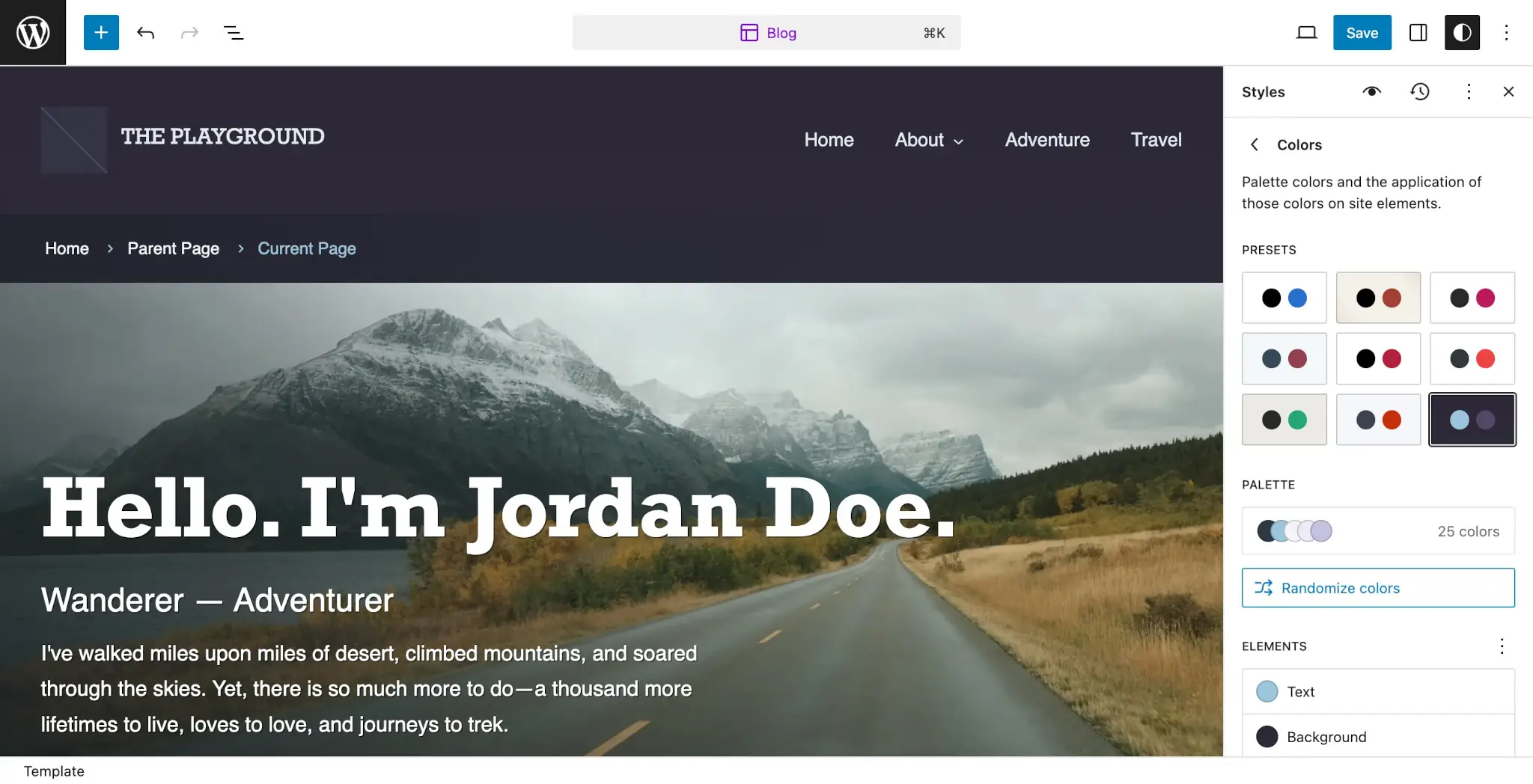WordPress Site Editor with the Styles > Colors panel open in the right. There is a grid of 9 preset color sets to choose from with various colors.