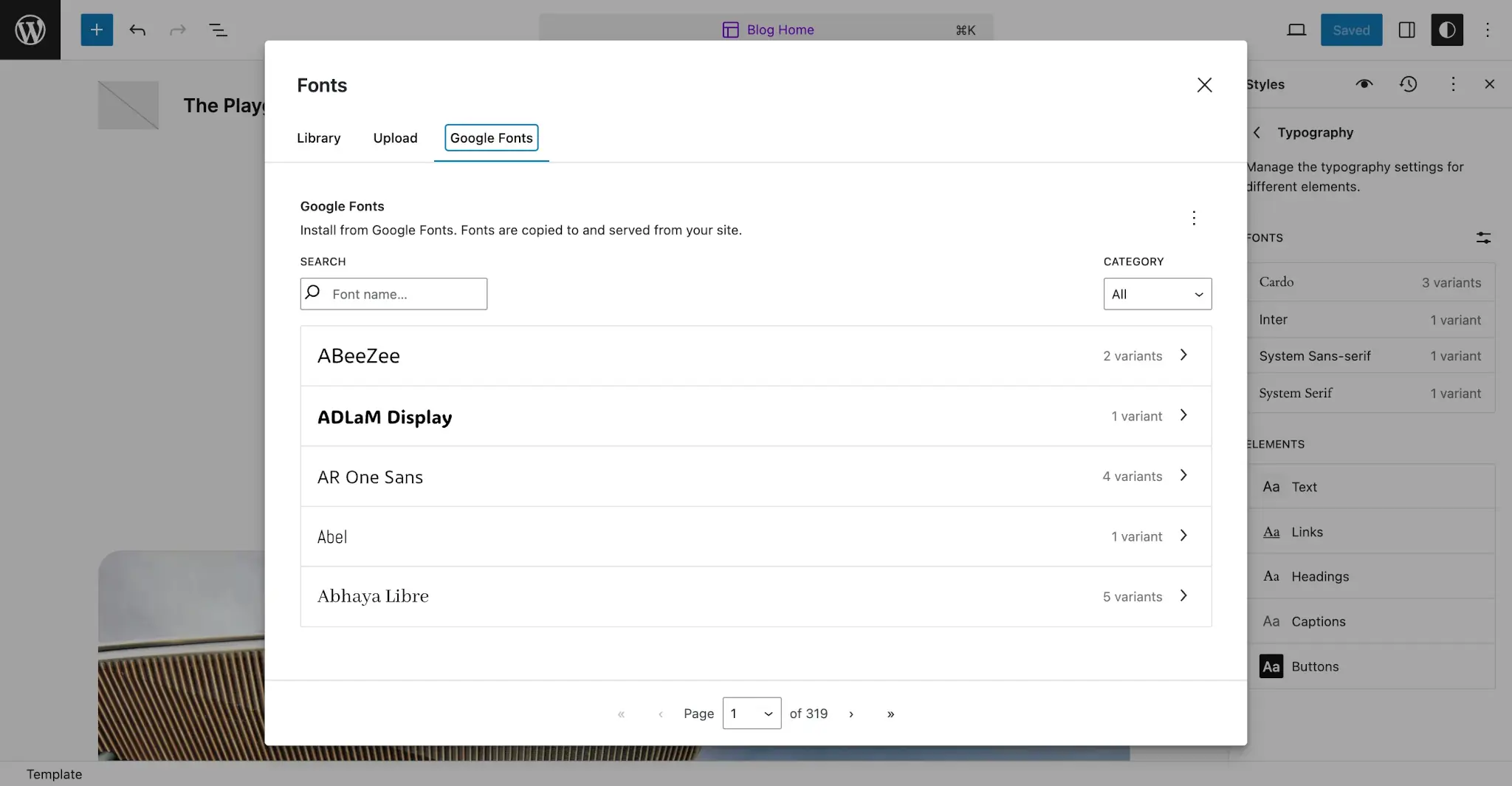 Fonts modal overlaying the Site Editor screen in WordPress. The Google Fonts tab is selected and shows a list of selectable fonts.