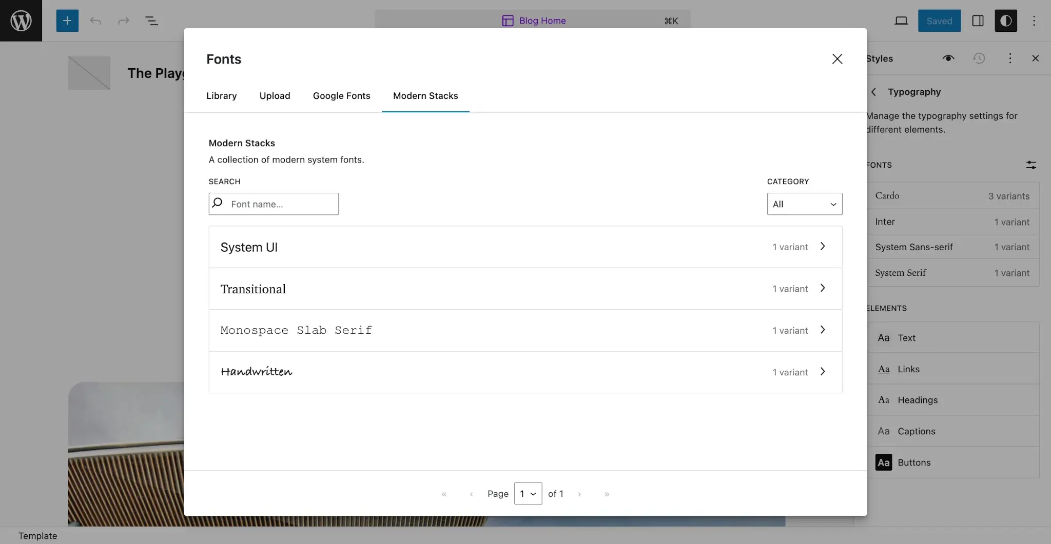 Fonts modal overlaying the Site Editor screen in WordPress. The Modern Stacks tab is selected and shows a list of modern system fonts.