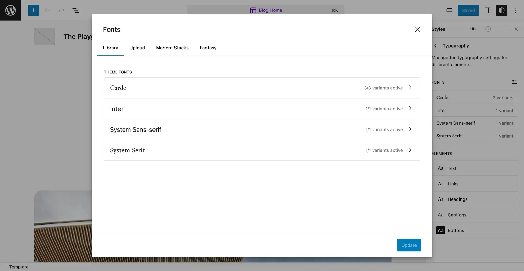 Fonts modal overlaying the Site Editor screen in WordPress. The Library, Upload, and custom collection tabs are shown, but the Google Fonts tab has been removed.