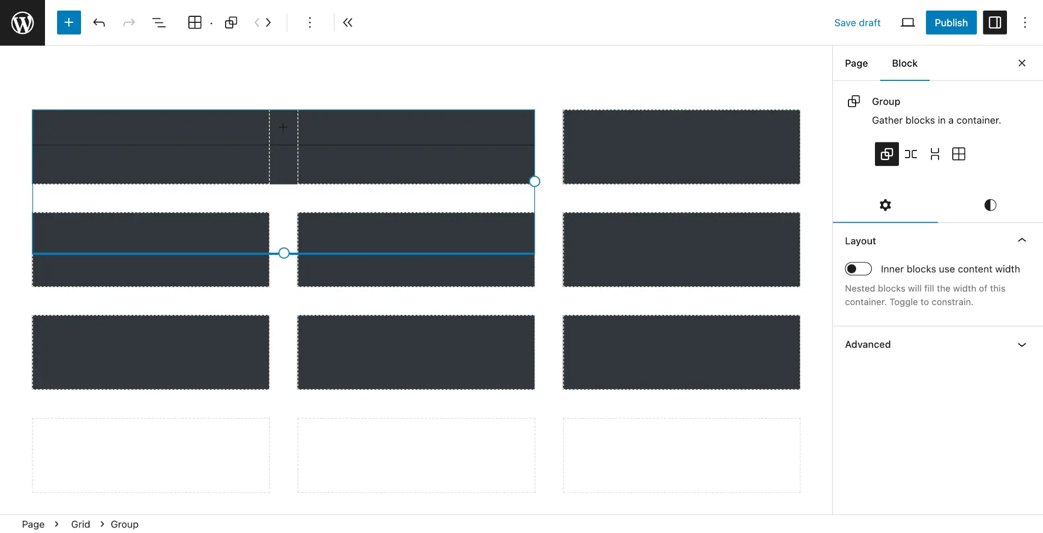 WordPress post editor with a 3x3 grid of black boxes laid out in the content area.