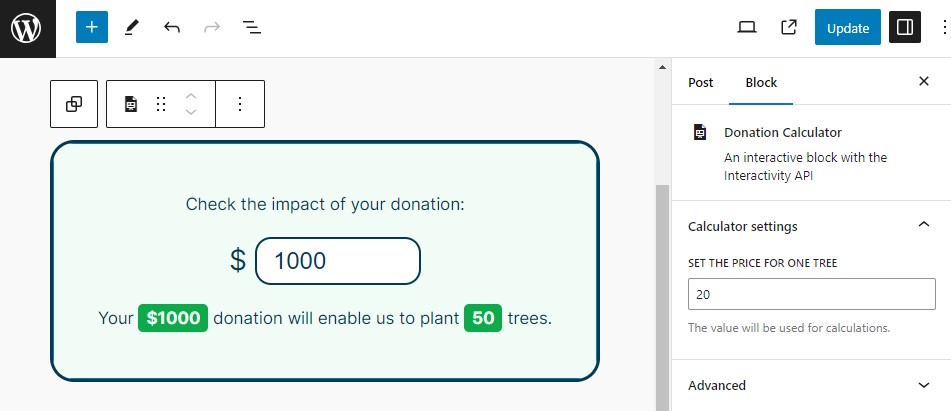 editor view of the donation calculator block