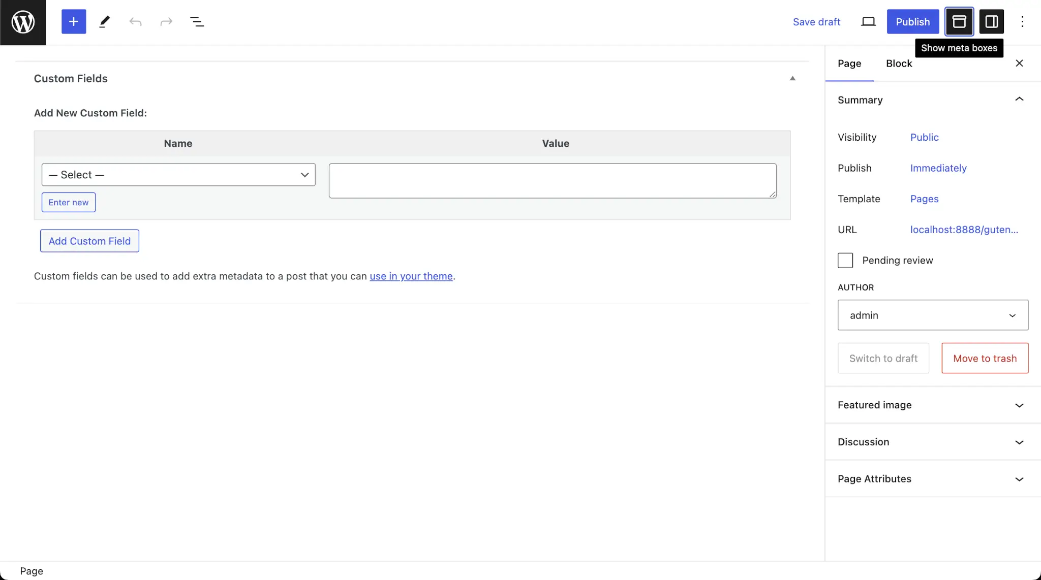 WordPress post editor with a "Show meta boxes" toggle icon with a "Custom fields" modal overlaid the screen.