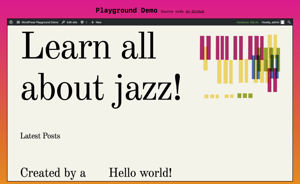 A screenshot of a sample interactive demo site, featuring a custom plugin and an adapted version of WordPress.org's Blue Note theme adapted to display it. You can find the code for the page on GitHub: https://github.com/wptrainingteam/playground-demo-handover/blob/main/playground/index.html