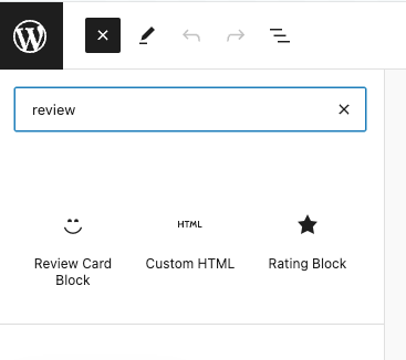 The Review Card and Rating blocks are loaded.
