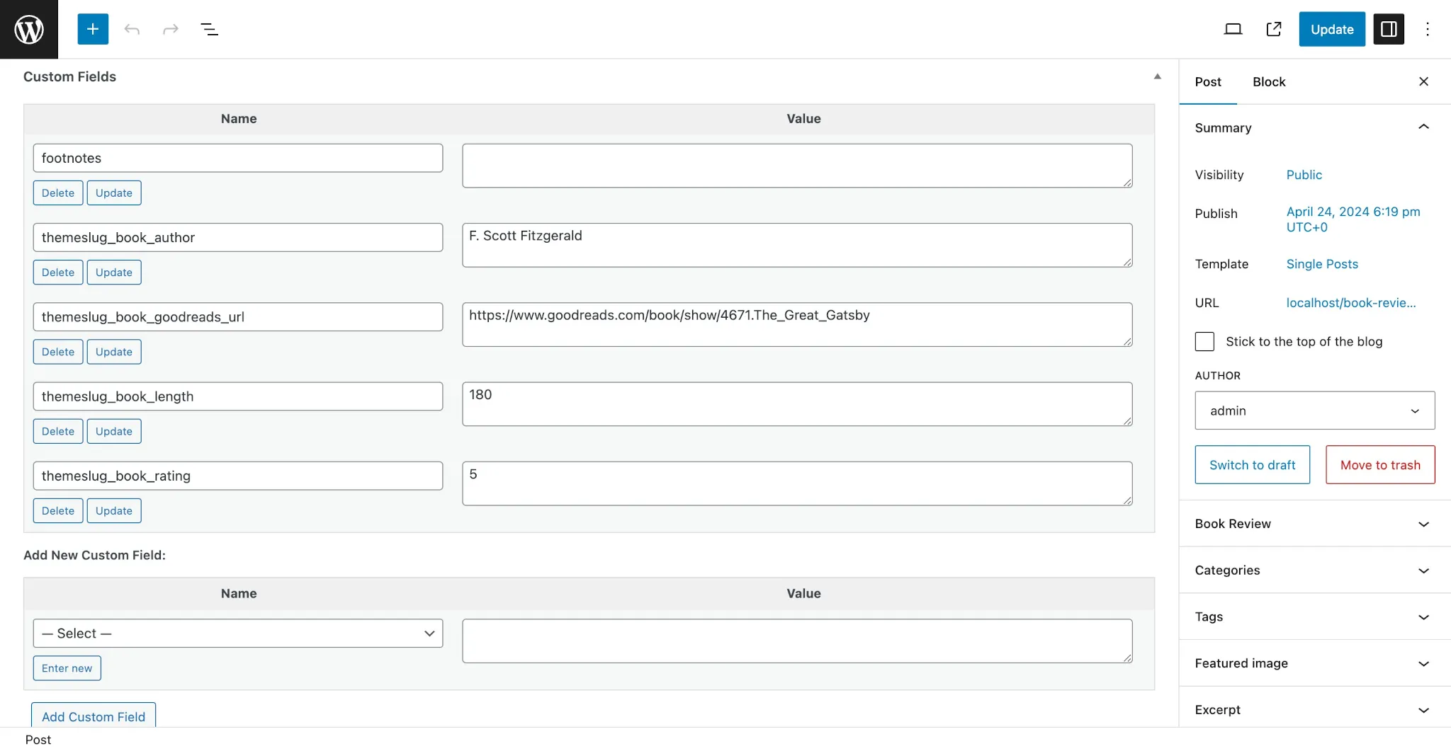 WordPress post editor with the Custom Fields panel in view. It shows various book-related meta fields for user input.