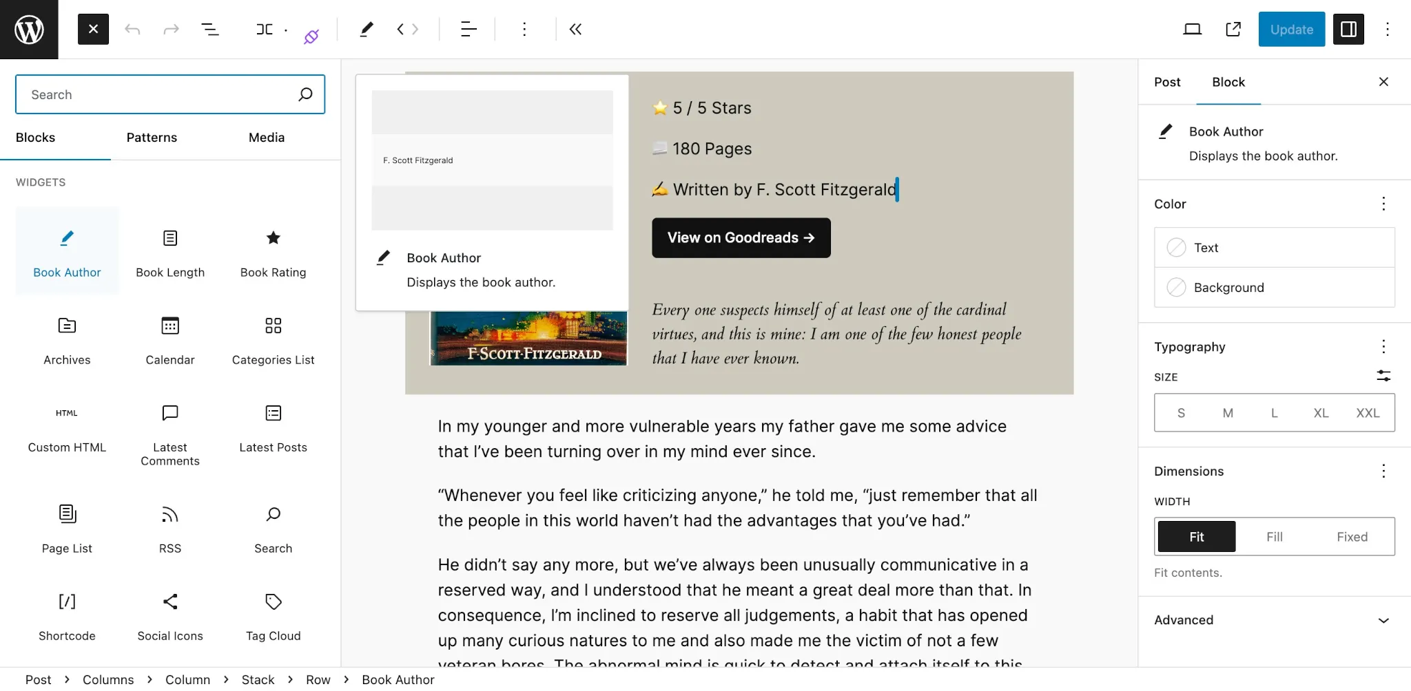 WordPress post editor that shows a post with a book review. On the left, the Blocks inserter panel is open and the Book Author block variation is highlighted.
