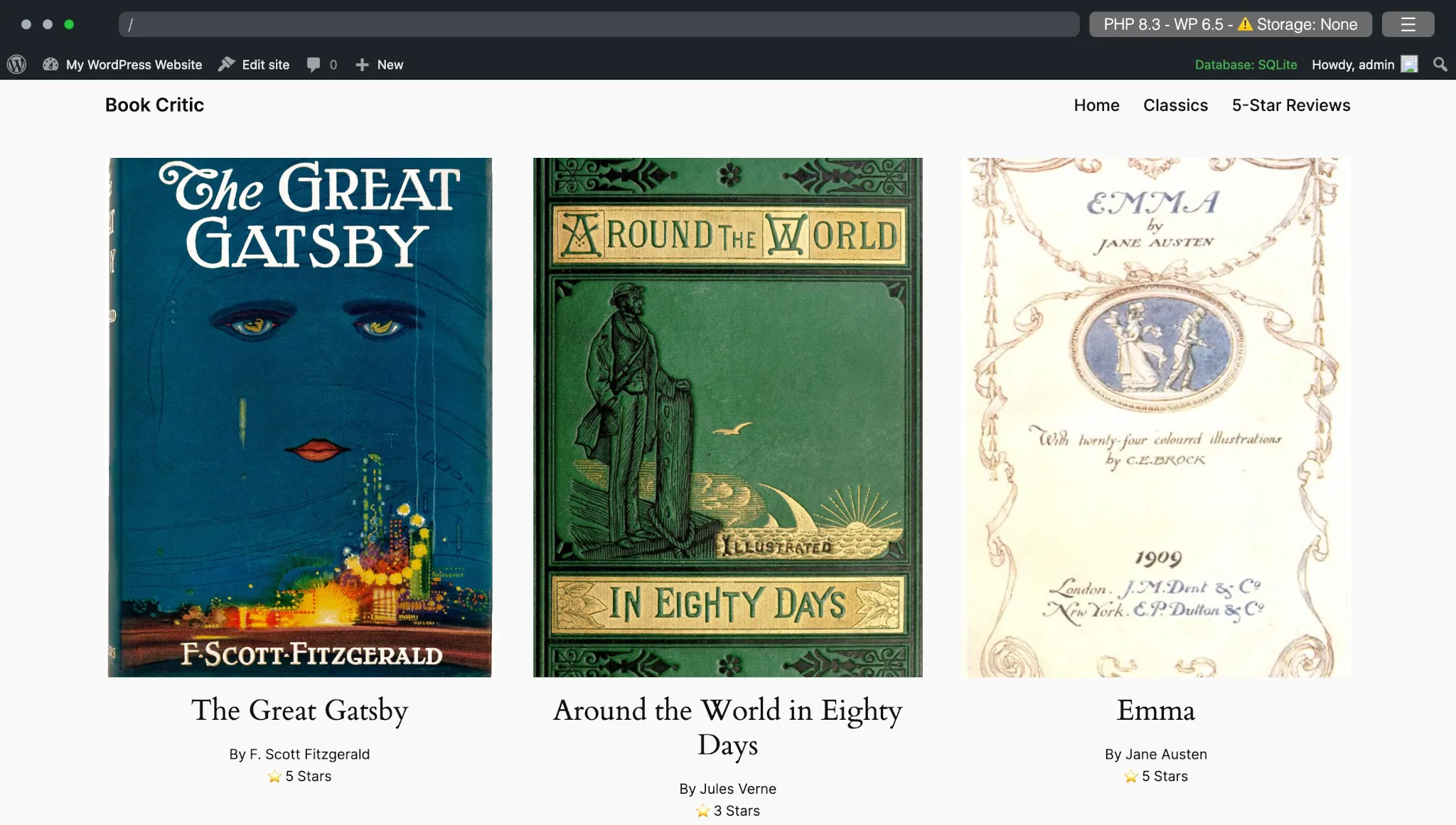 Screenshot of an example site running in WordPress Playground. It shows a homepage with three books in columns.