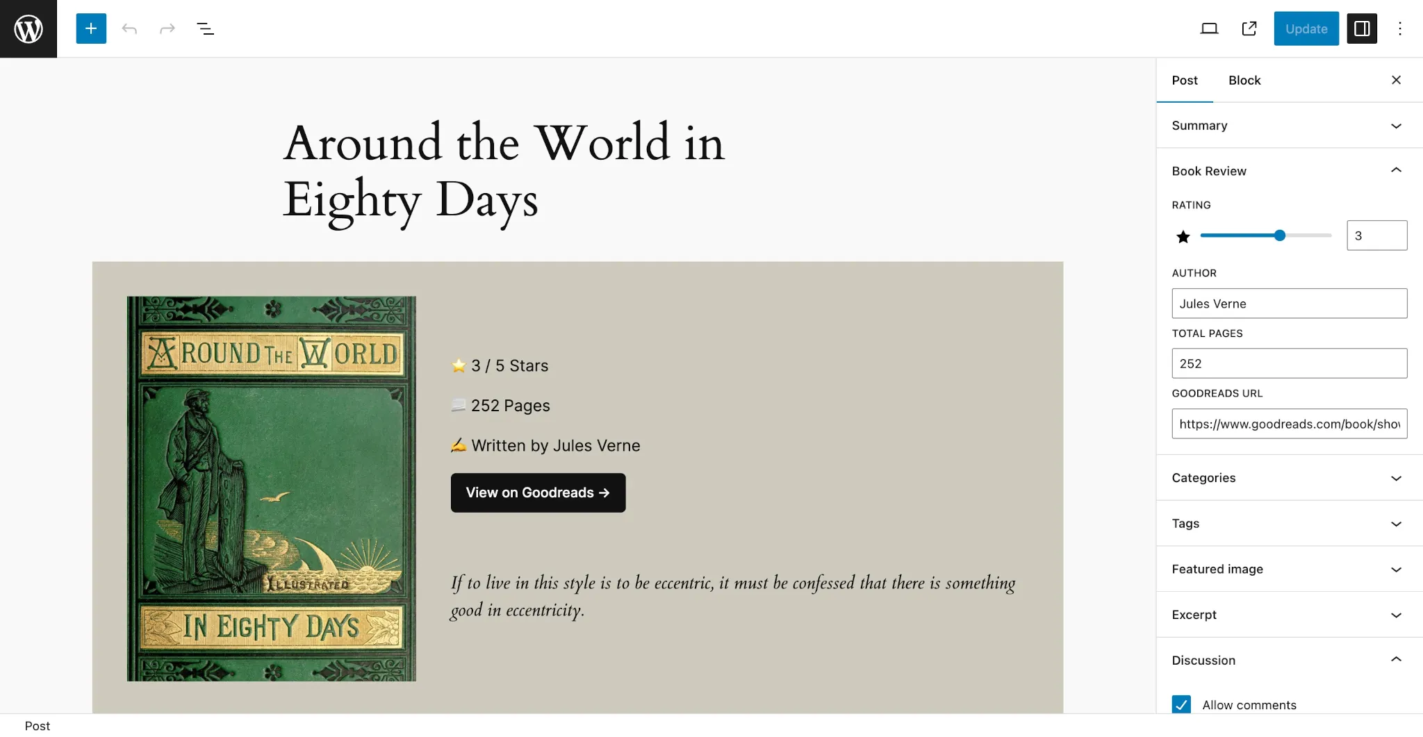 WordPress post editor with a book review written in the content area. In the right sidebar, a Book Review tab is open with various book-related meta input fields.