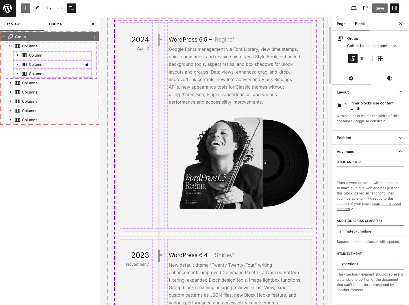 Block editor with List View open and outlines around key Group block with nested three columns.