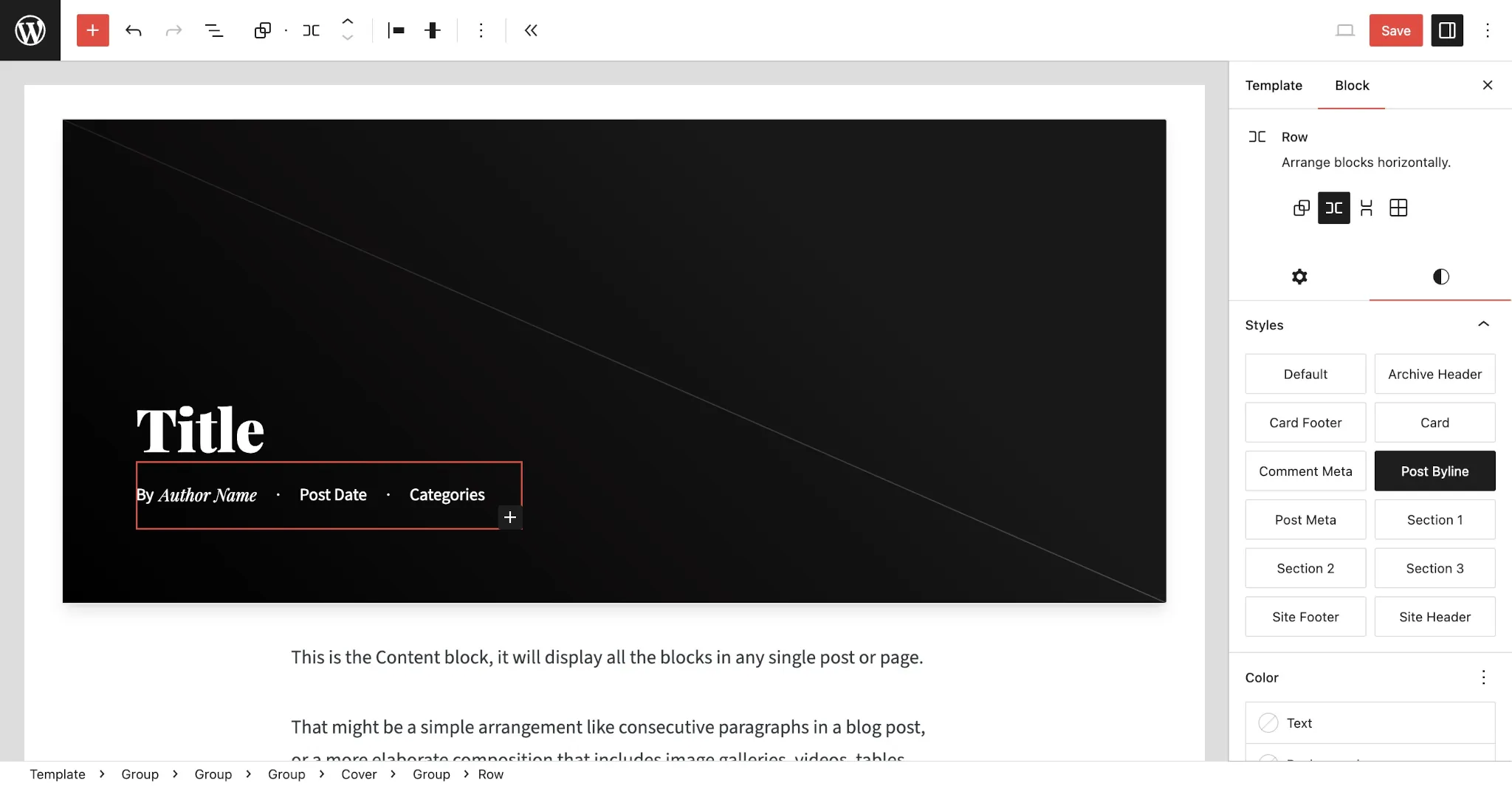 WordPress template editor showing a background featured image with a title and post byline overlaying it. The byline is highlighted.