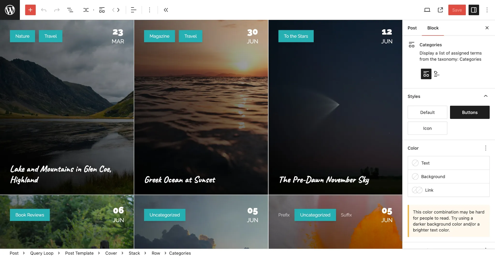 WordPress editor showing a Query Loop block in a grid. Individual posts have a featured background image. Overlaying this is the post categories list with links that look like buttons.