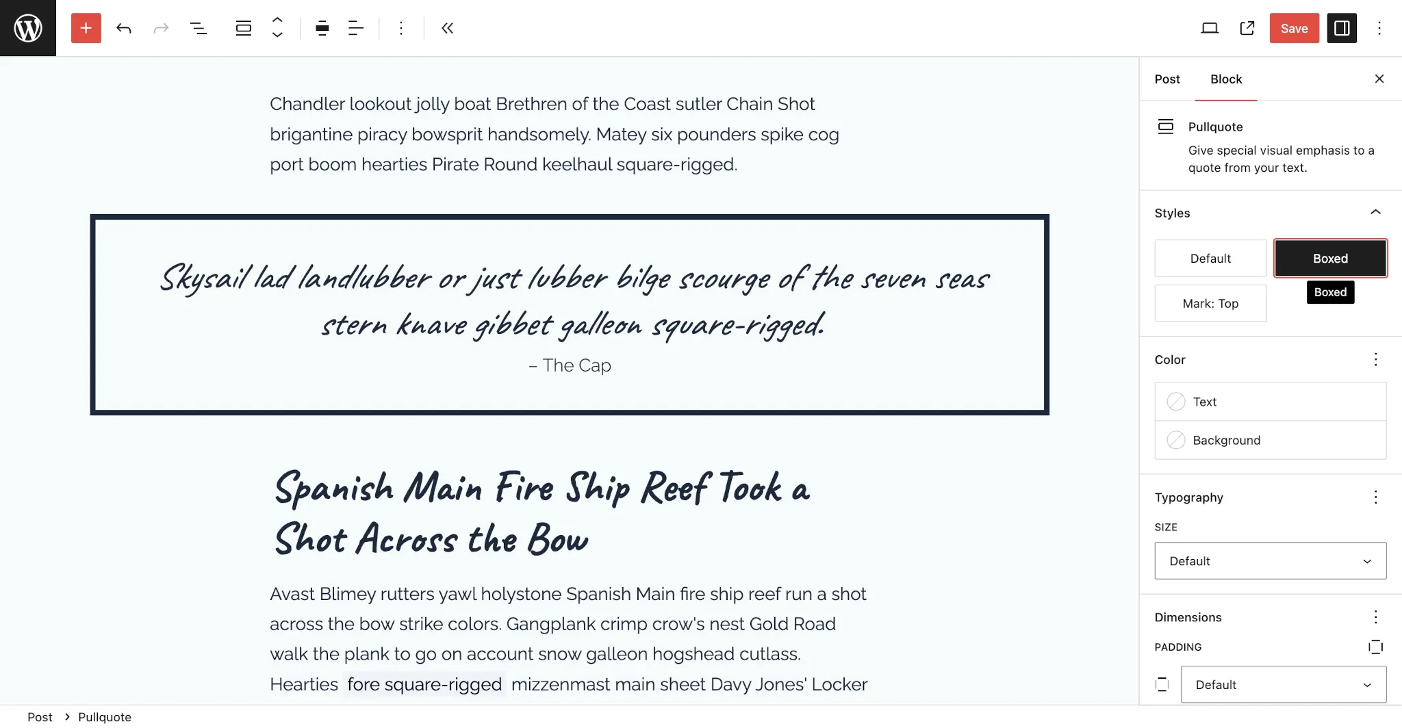 WordPress post editor with demo text and a Pullquote that has a wide black border around it.