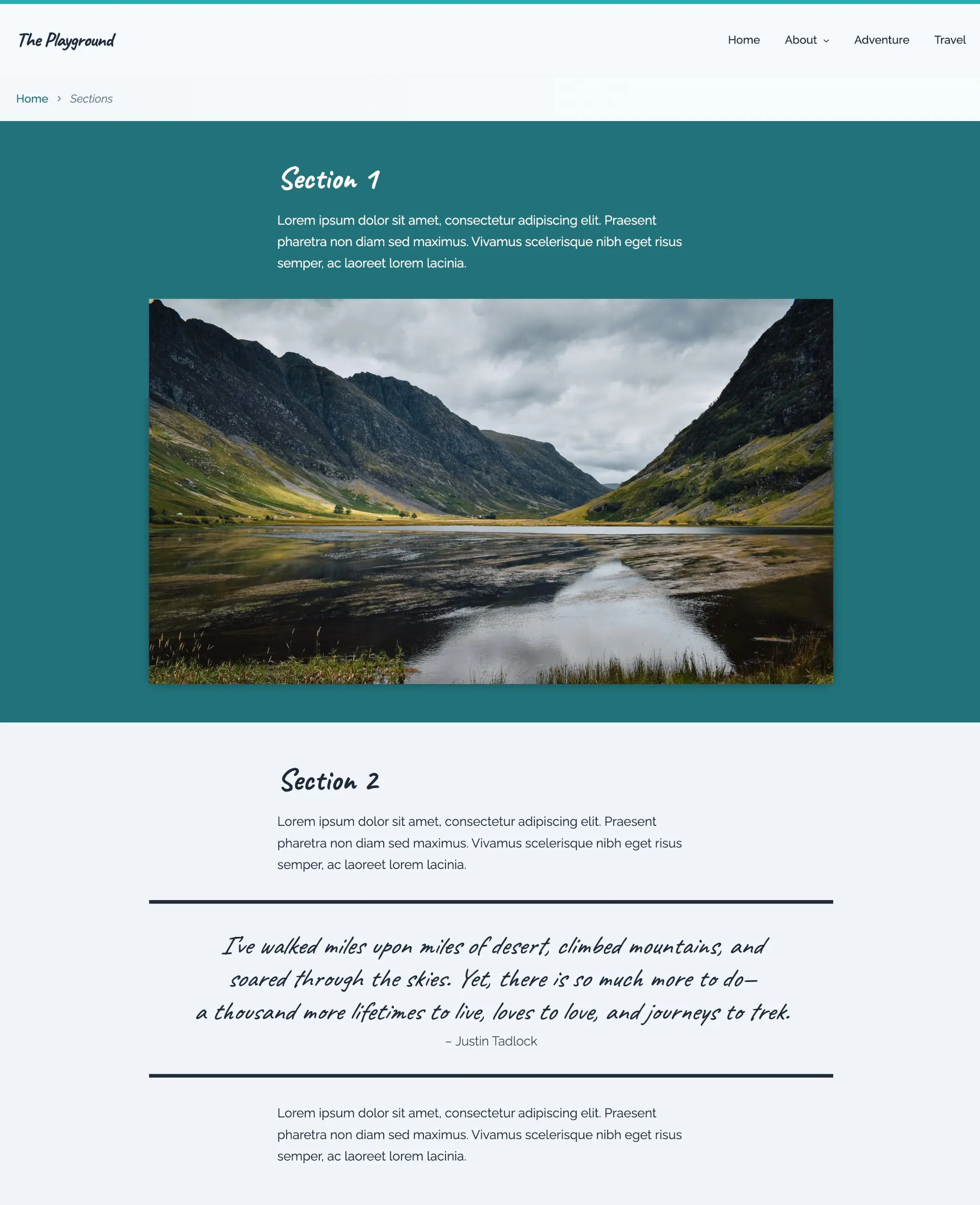 WordPress page that shows a two sections of content. The first has a dark green background with white text and an image. These second shows a light gray background with dark text and a pullquote.