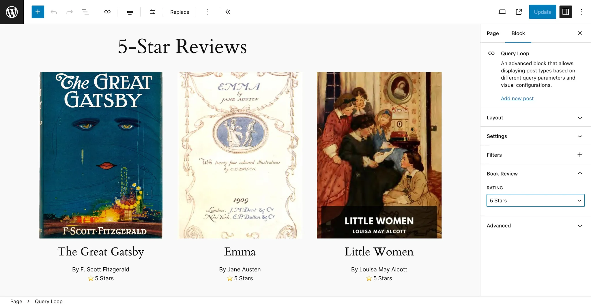 WordPress page editor with a three-column grid of queried book review posts. Each shows a book cover image alongside the book title, author, and rating.