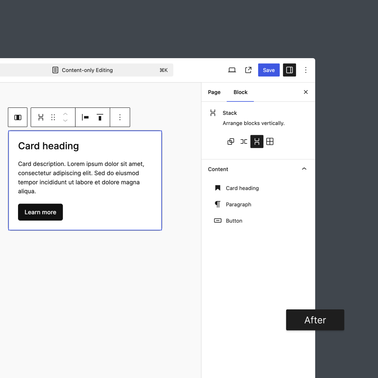 A view of the Editor that showcases the Card layout after content-only editing has been enabled.