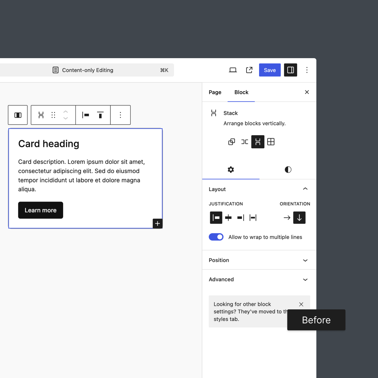 A view of the Editor that showcases the initial block design for the Card layout.