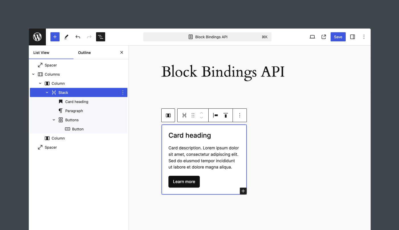 A view of the Editor that showcases the initial block design for the Card layout.