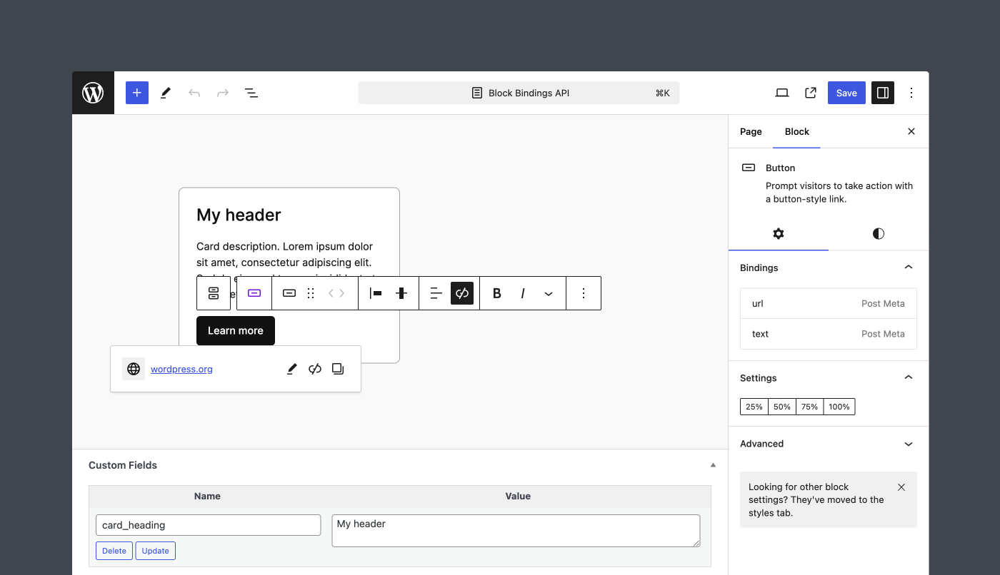 A view of the Editor that showcases the Button block with block bindings.