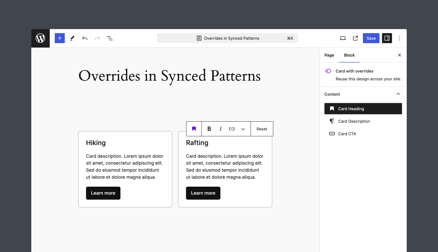 A synced Card pattern featuring overrides.