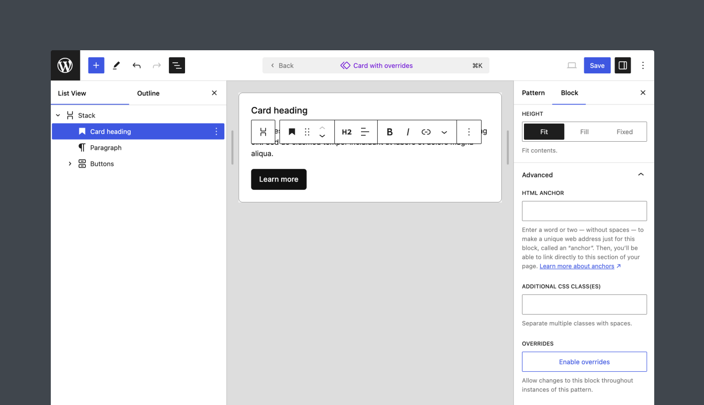 A view of the Editor that showcases where the "Enable overrides" button is in the block inspector.