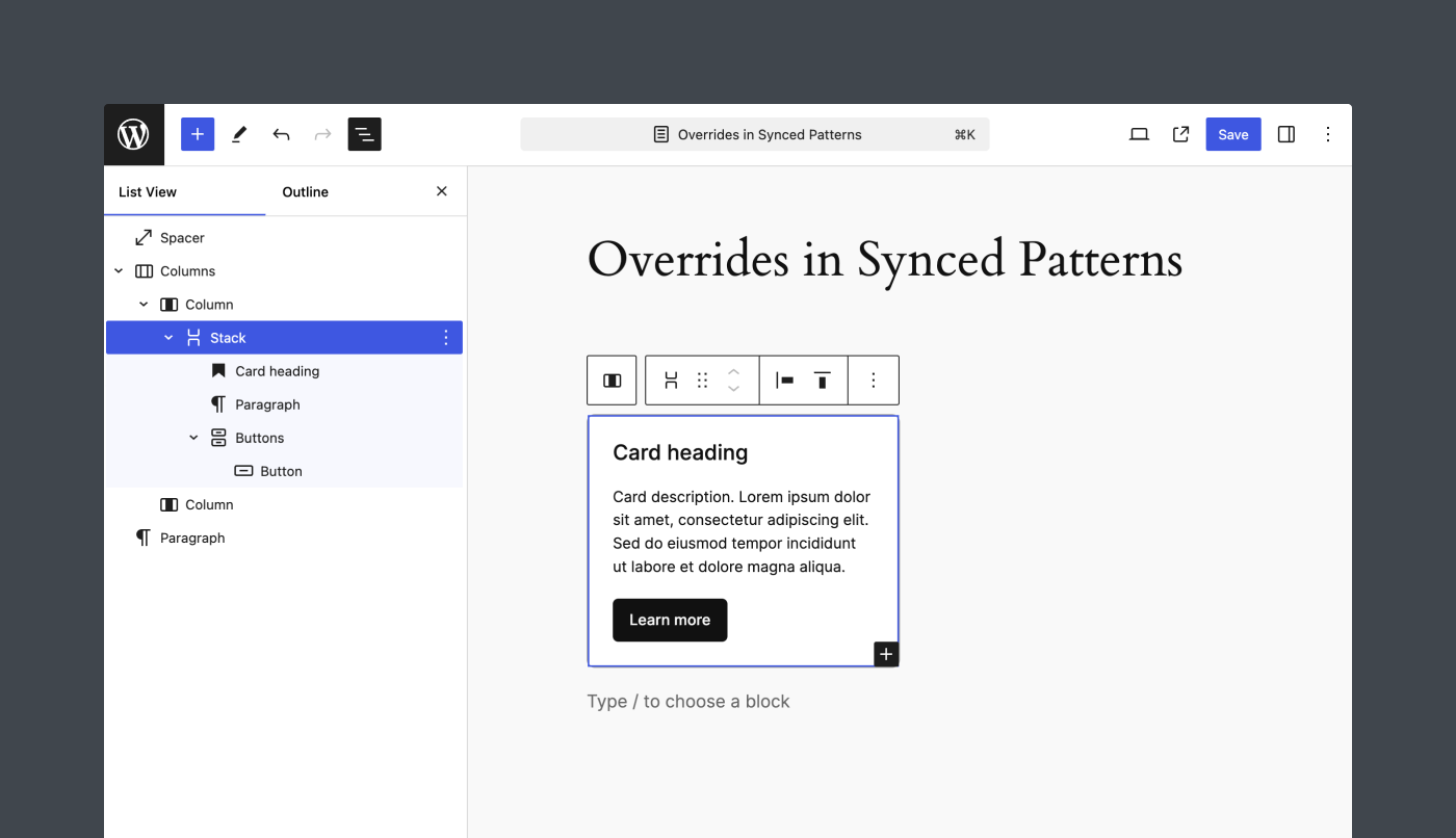 A view of the Editor that showcases the initial block design for the Card layout.